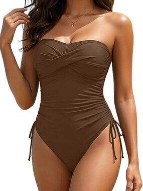 NWT Yonique Terracotta Rust Brown Ruched One Piece Swimsuit Size Medium